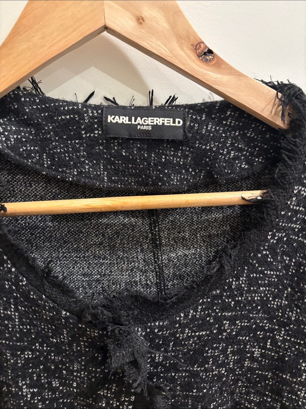 Karl Lagerfeld Black and Gray Fringe-Trim Long Knit Cardigan - Picture 2 of 5